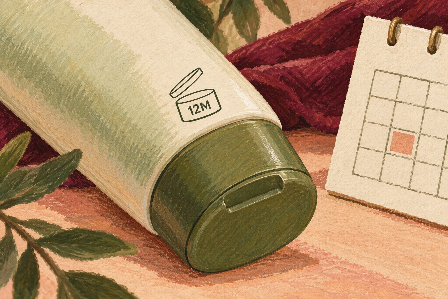 Illustrated cosmetic tube with a 12M open-jar symbol and a calendar