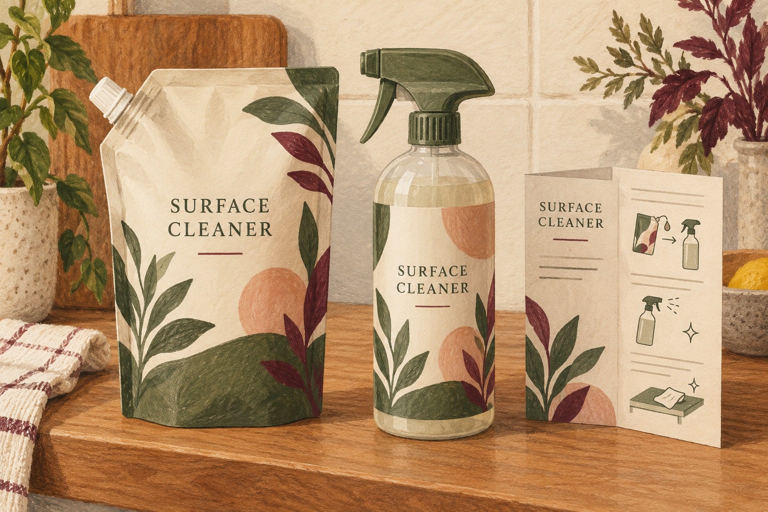 Illustrated cleaner refill pouch with matching bottle and instructions