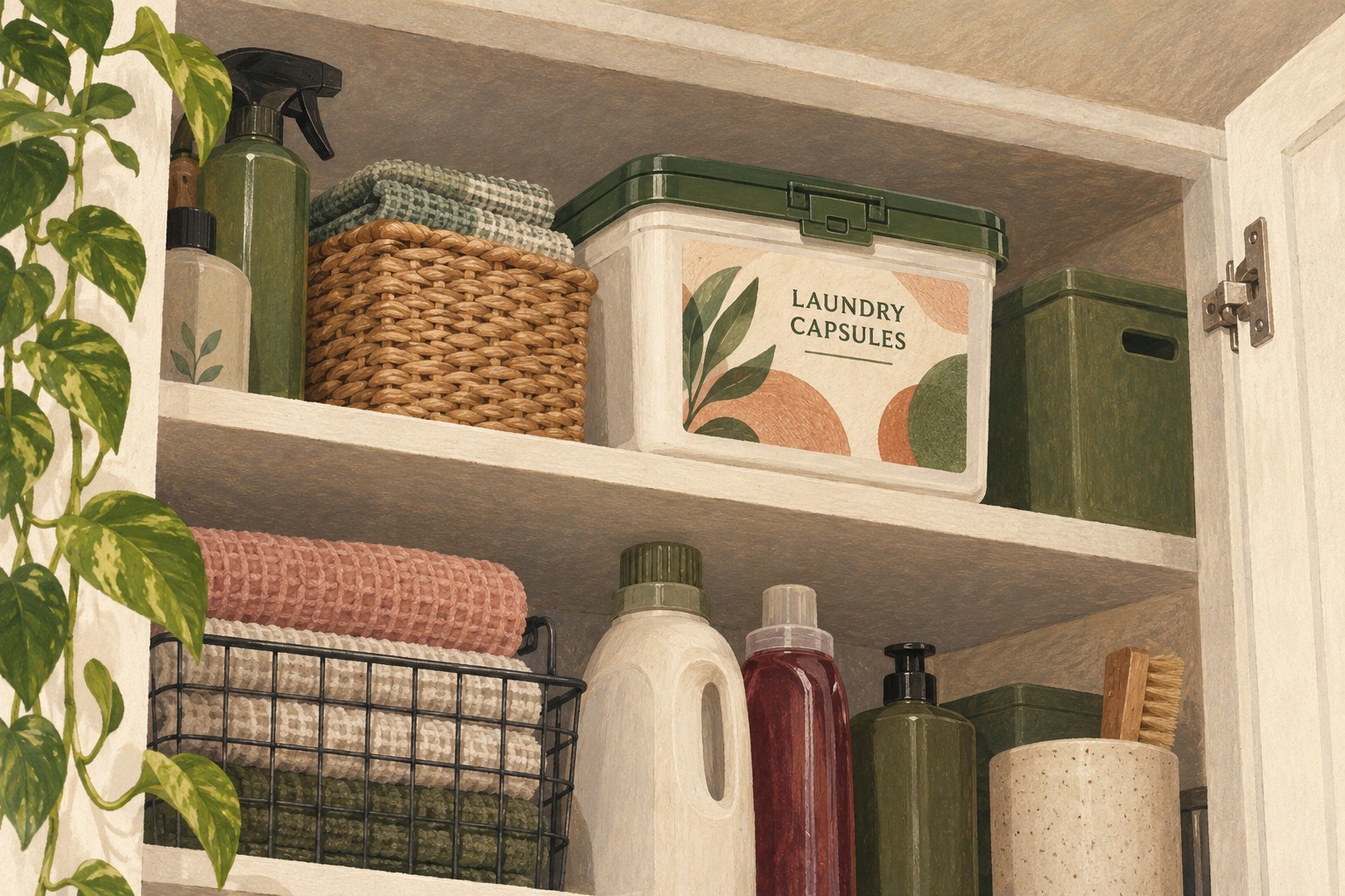 Illustrated closed laundry-capsule tub on an upper cupboard shelf