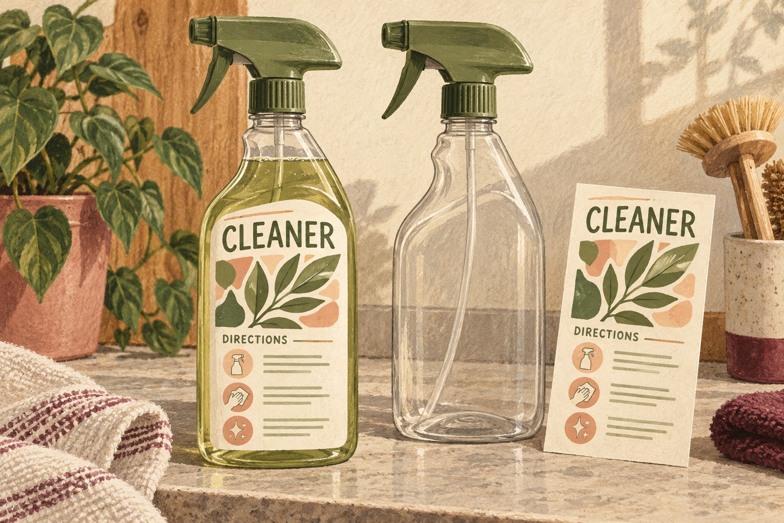 Illustrated cleaner bottles beside a duplicate product label