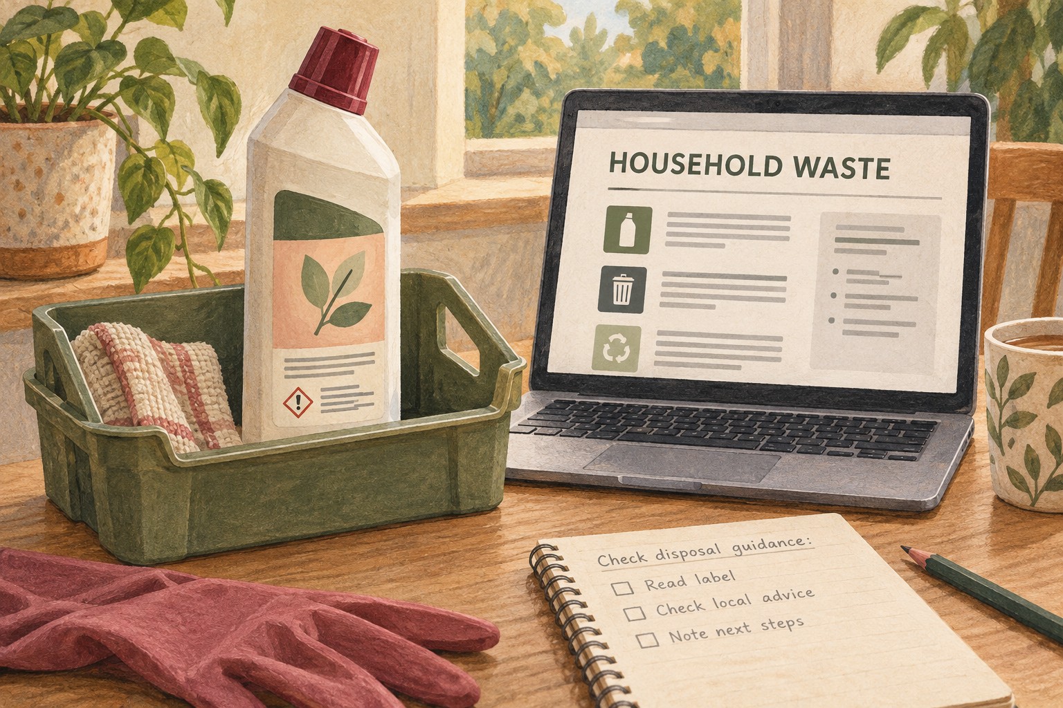 Illustrated cleaner bottle beside a household waste information page