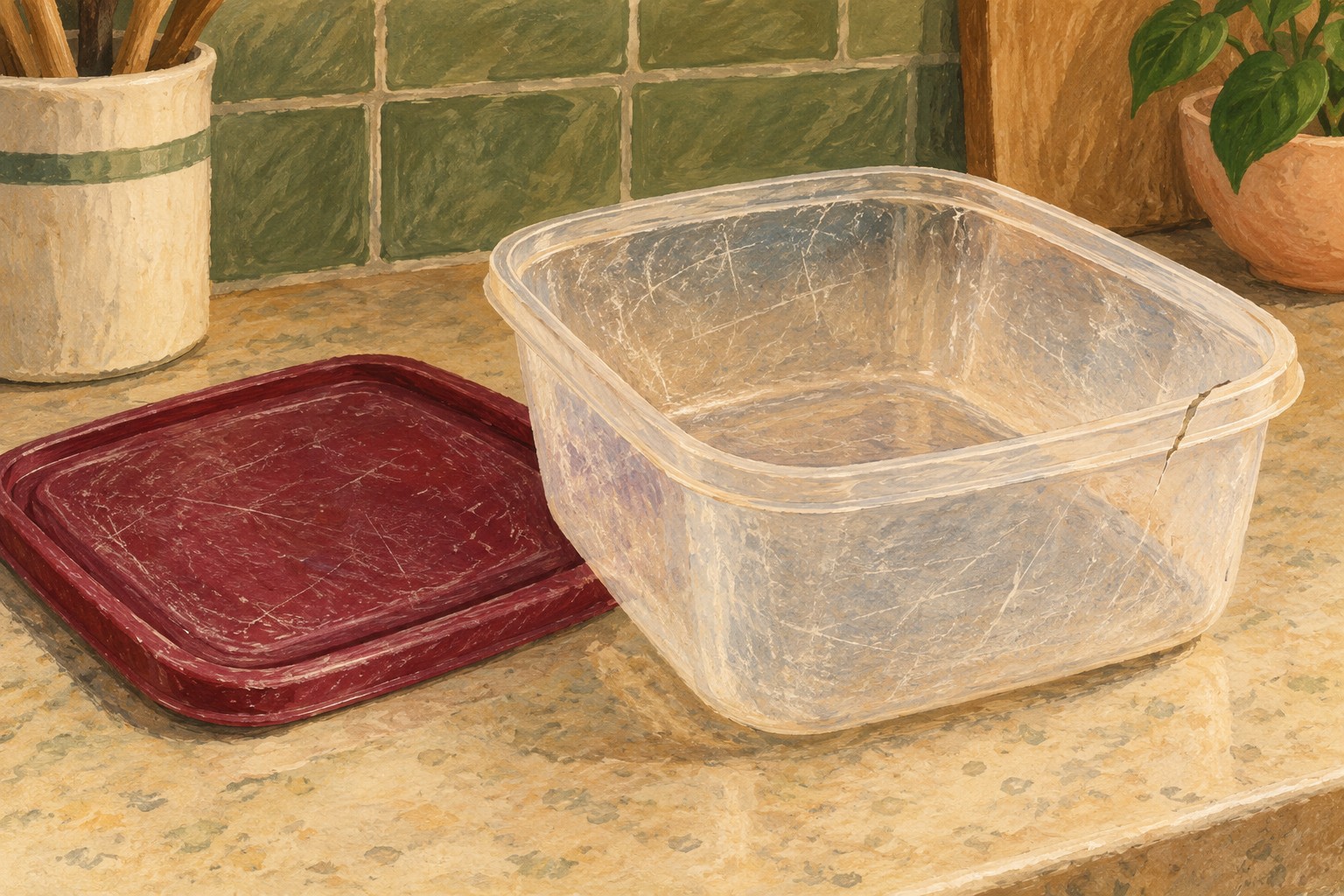 Illustrated plastic food container with scratches and a cracked rim