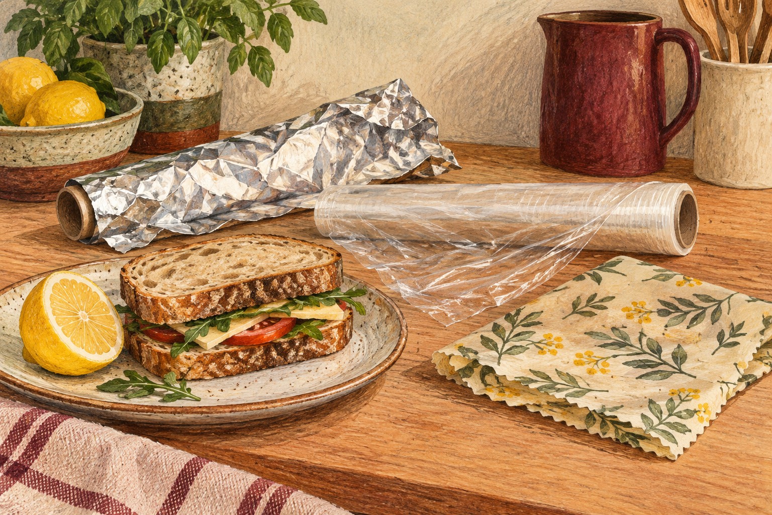 Illustrated foil, cling film and reusable food wrap beside a sandwich