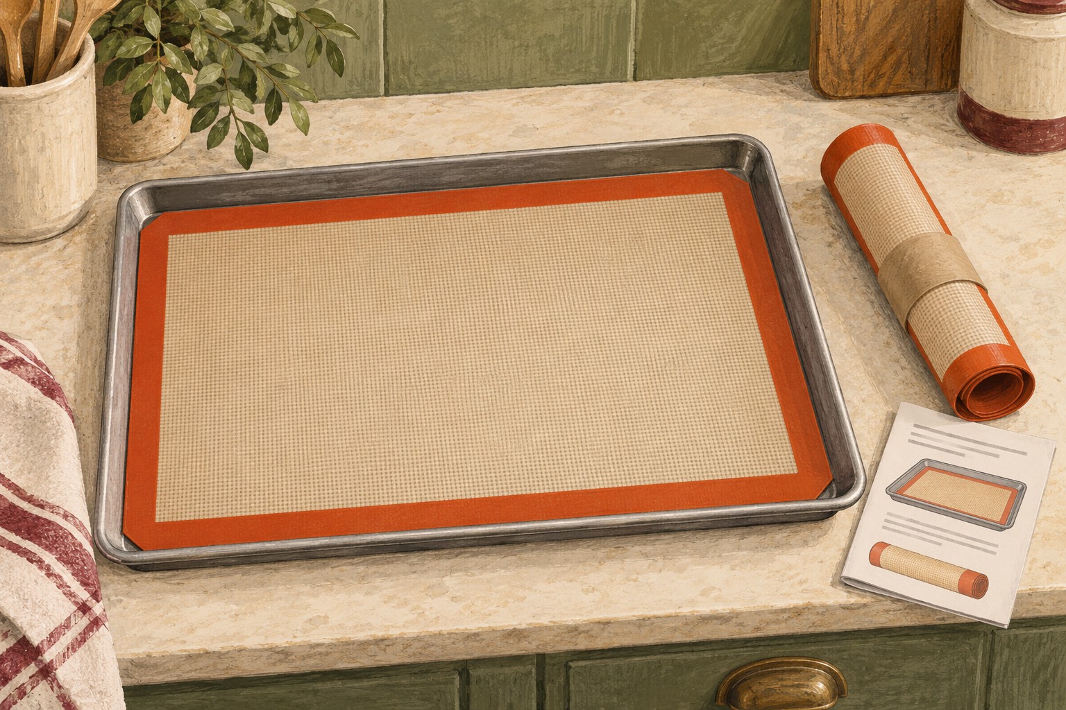 Illustrated silicone baking mat fitted within a metal tray