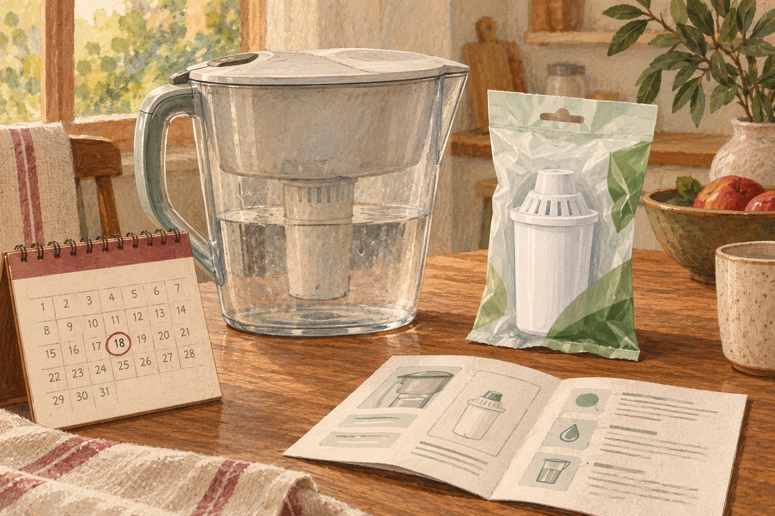 Illustrated water-filter pitcher, replacement cartridge and calendar