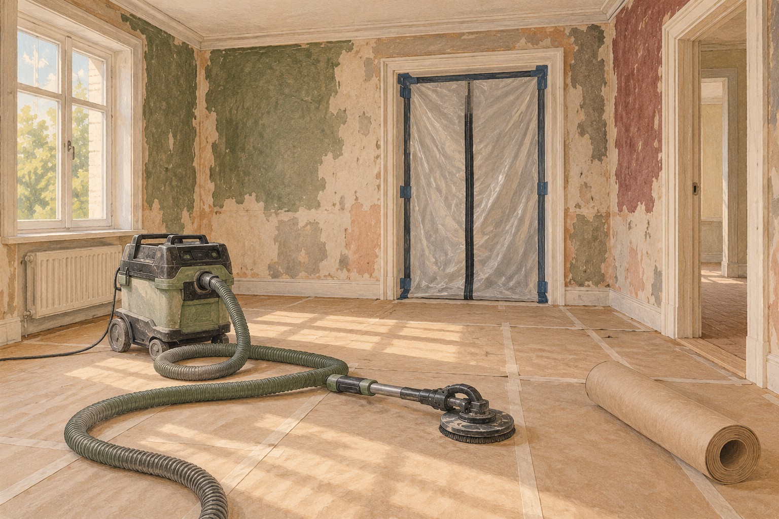 Illustrated renovation room with dust barrier and extraction equipment