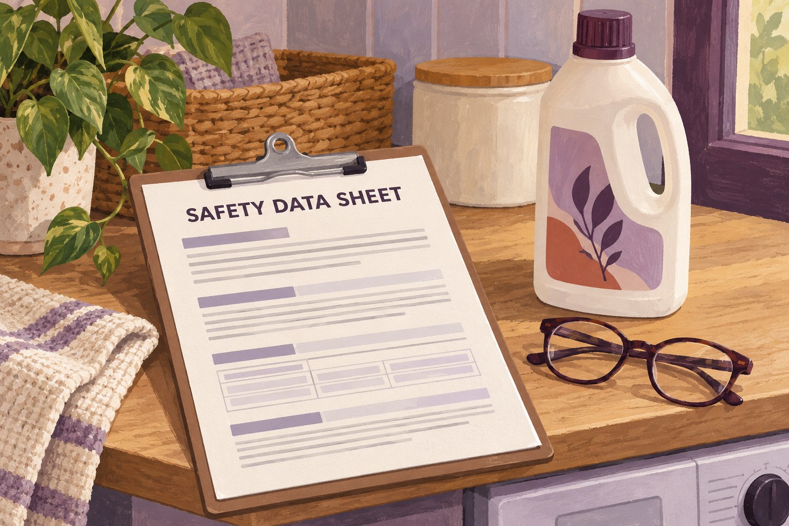 Illustrated safety data sheet beside a closed cleaner bottle and reading glasses.