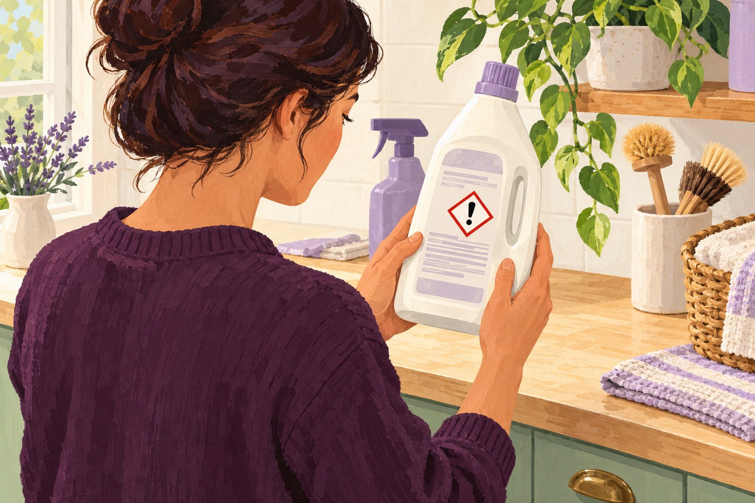 Illustrated reader checking a household bottle with an exclamation warning pictogram.