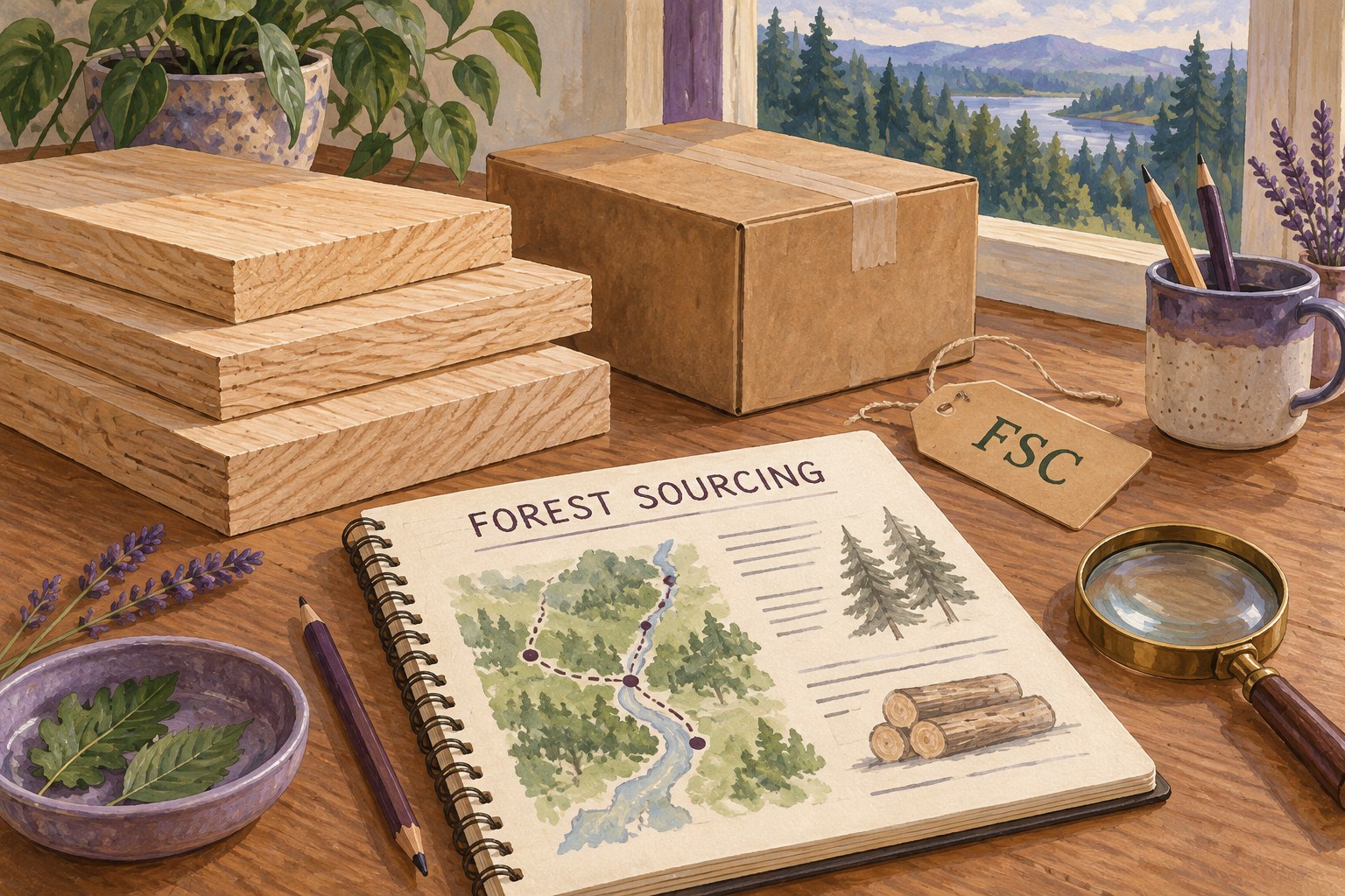 Illustrated wood boards and a forest-sourcing notebook beside an FSC paper tag.