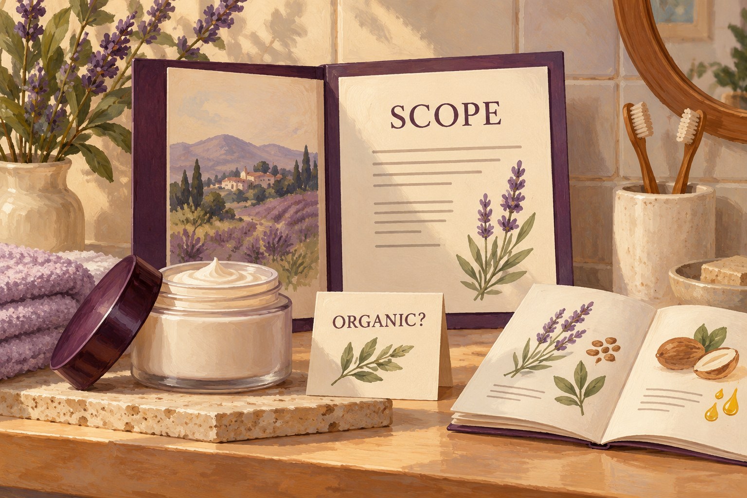 Illustrated cream jar and information folder showing an organic claim and its scope.