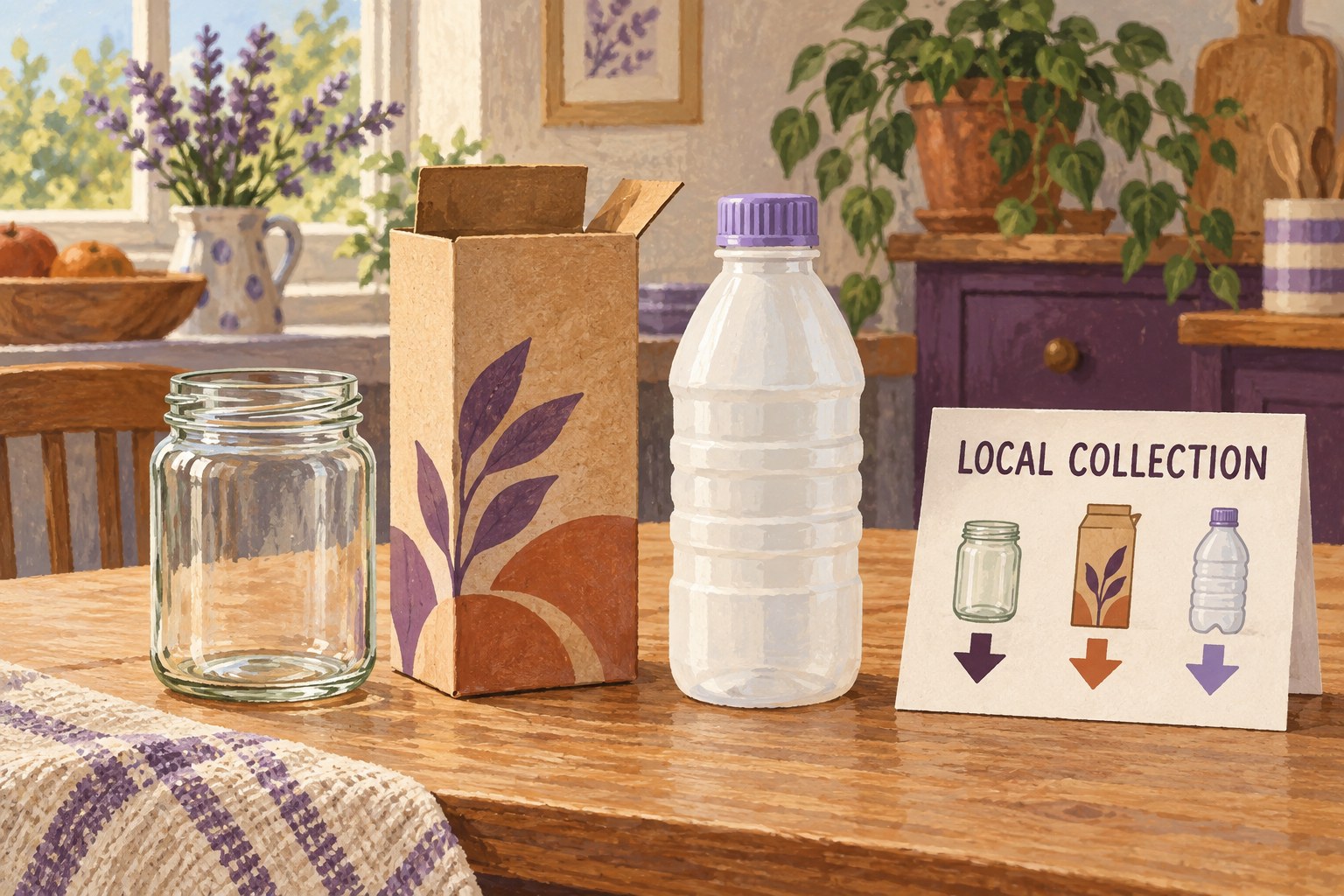 Illustrated glass, cardboard and plastic packaging beside a local-collection card.