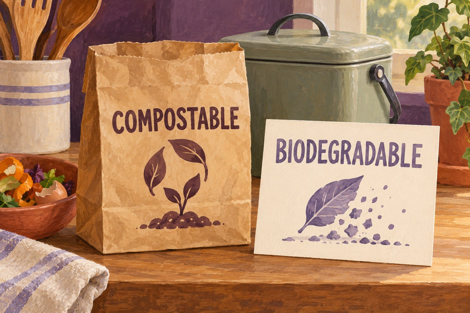 Illustrated compostable bag and a separate biodegradable claim beside a closed caddy.