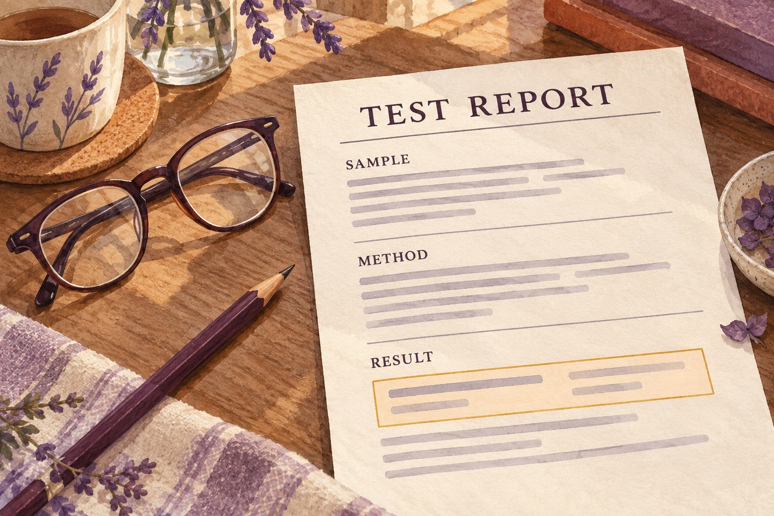Illustrated test report with sample, method and result sections beside reading glasses.
