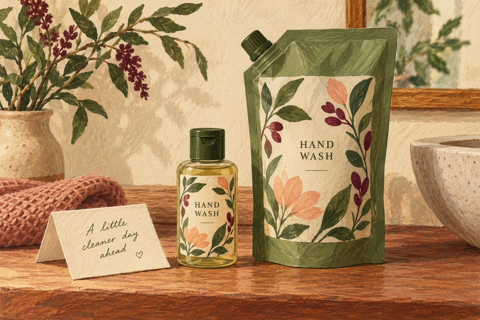 Illustrated small hand-wash bottle beside a larger refill pouch